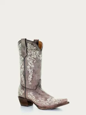 A2773 - TEEN'S BONE COLOR FLORAL EMBROIDERY SNIP TOE COWBOY BOOT