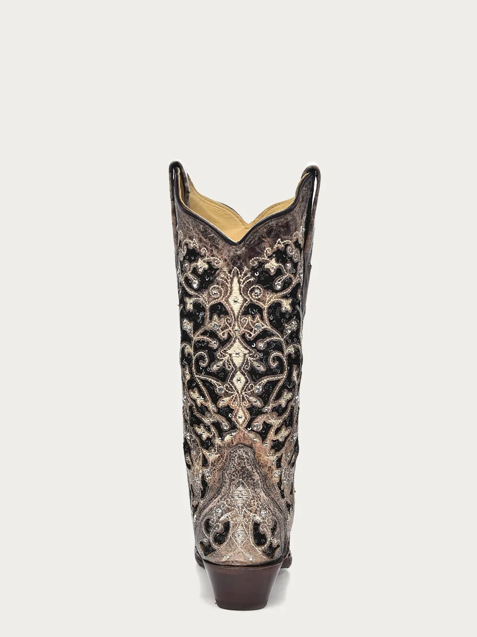 A3569 - WOMEN'S BLACK GLITTER INLAY FLORAL OVERLAY WITH CRYSTALS AND STUDS SNIP TOE BROWN COWBOY BOOT