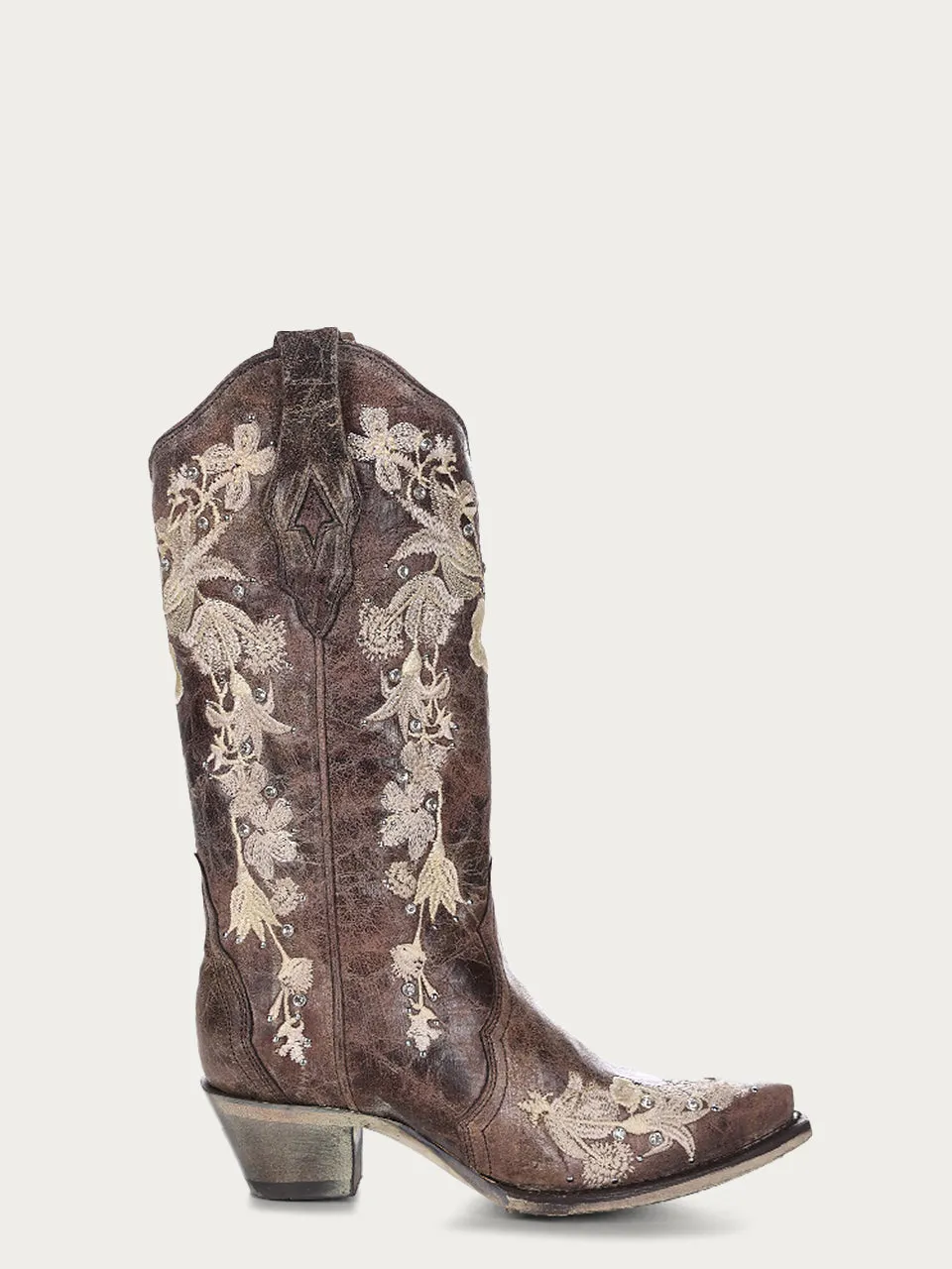 A3572 - WOMEN'S WHITE FLORAL EMBROIDERY AND CRYSTALS BROWN COWBOY BOOT