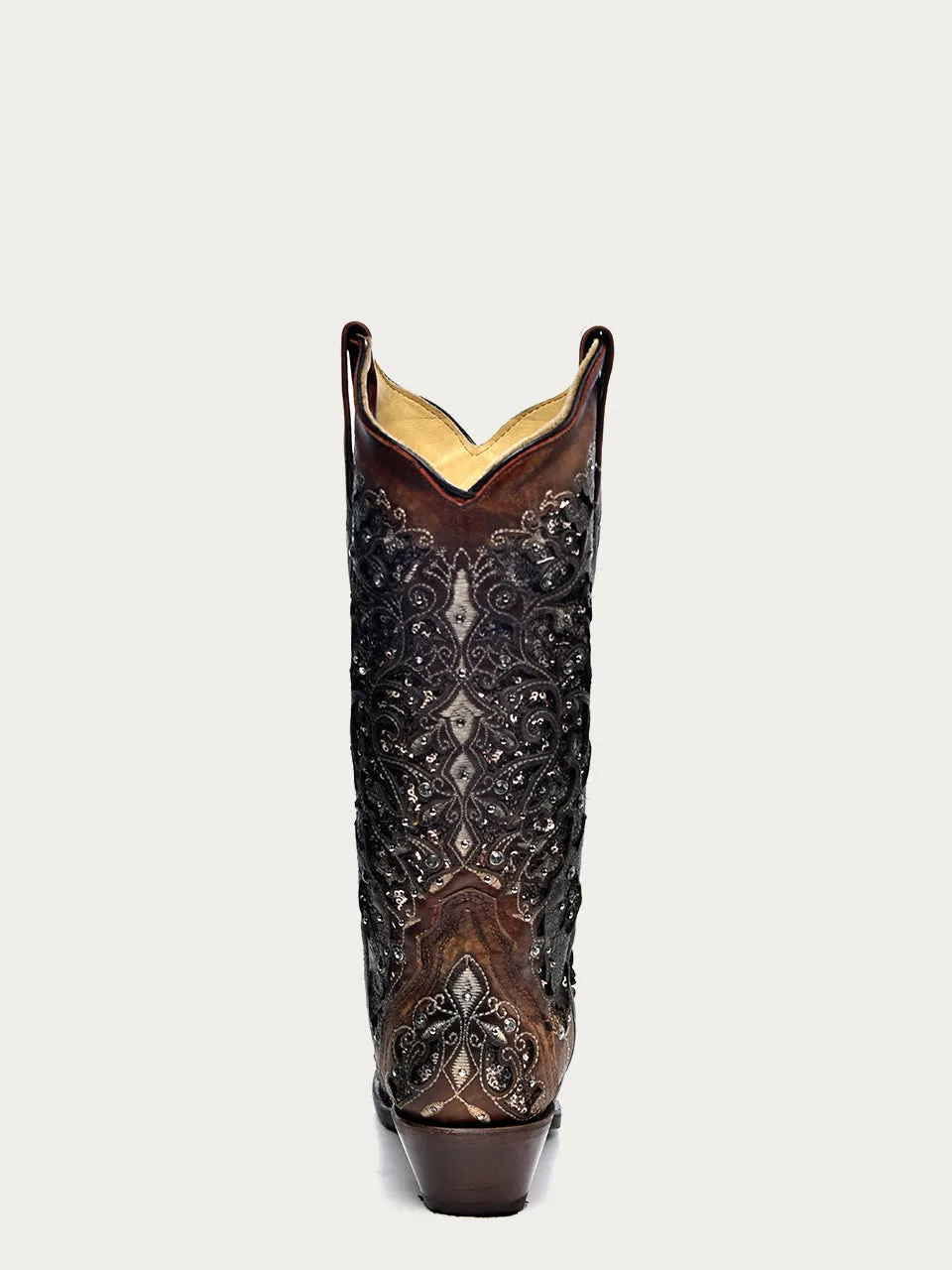 A3671A - WOMEN'S BLACK GLITTER INLAY FLORAL OVERLAY WITH CRYSTALS AND STUDS SNIP TOE COGNAC COWBOY BOOT