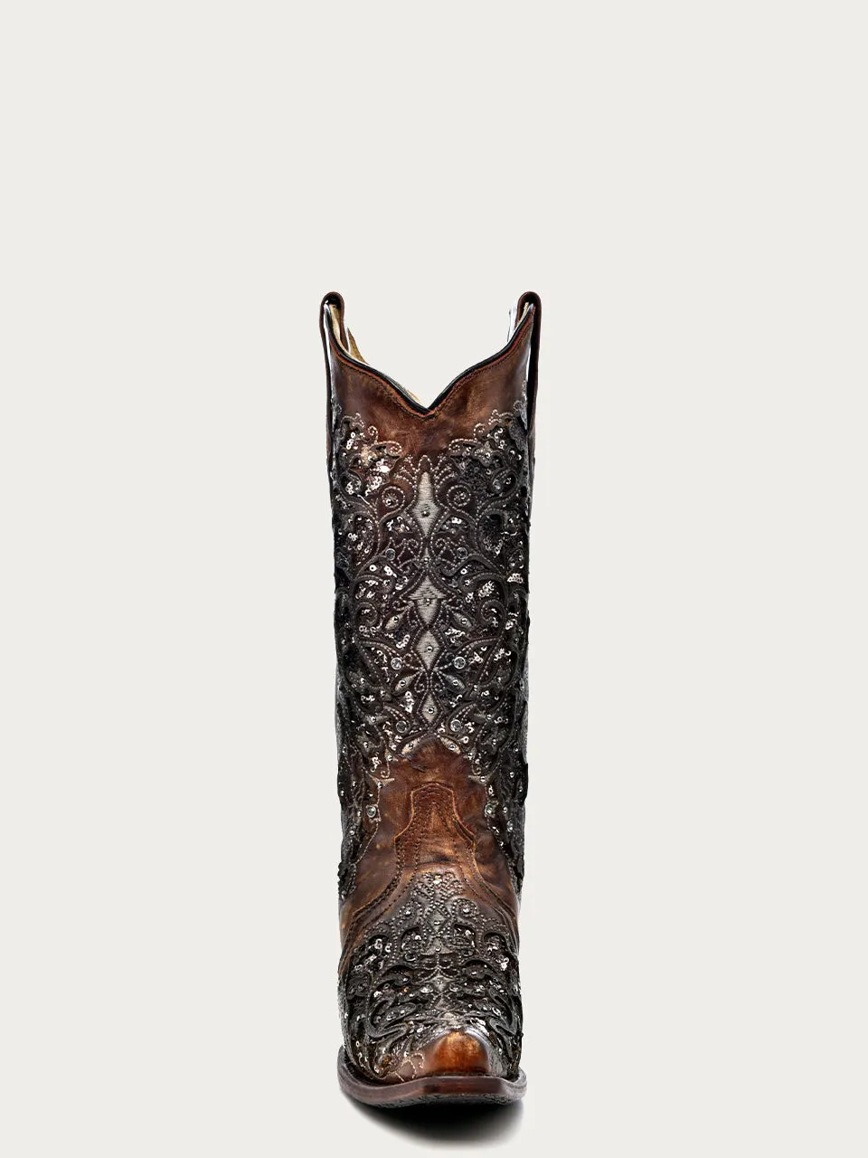 A3671A - WOMEN'S BLACK GLITTER INLAY FLORAL OVERLAY WITH CRYSTALS AND STUDS SNIP TOE COGNAC COWBOY BOOT