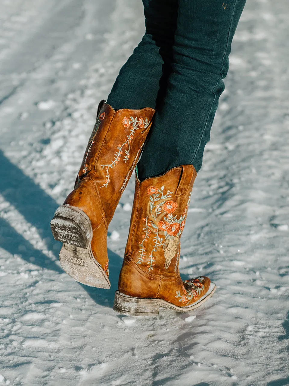 A3708 - WOMEN'S MULTICOLOR FLORAL DEER SKULL EMBROIDERY SQUARE TOE TAN COWBOY BOOT