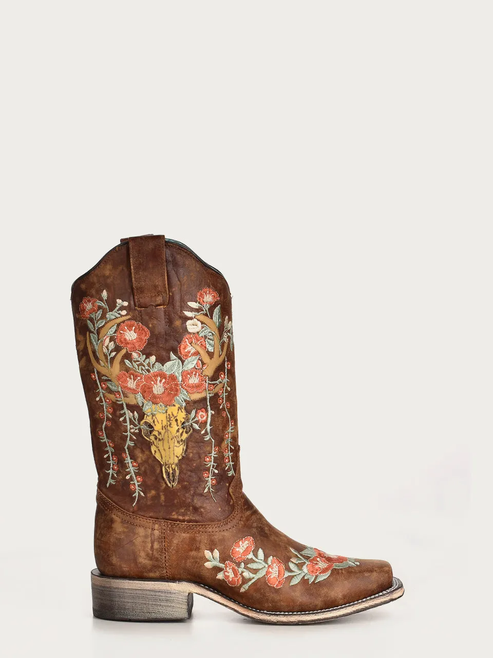 A3708 - WOMEN'S MULTICOLOR FLORAL DEER SKULL EMBROIDERY SQUARE TOE TAN COWBOY BOOT