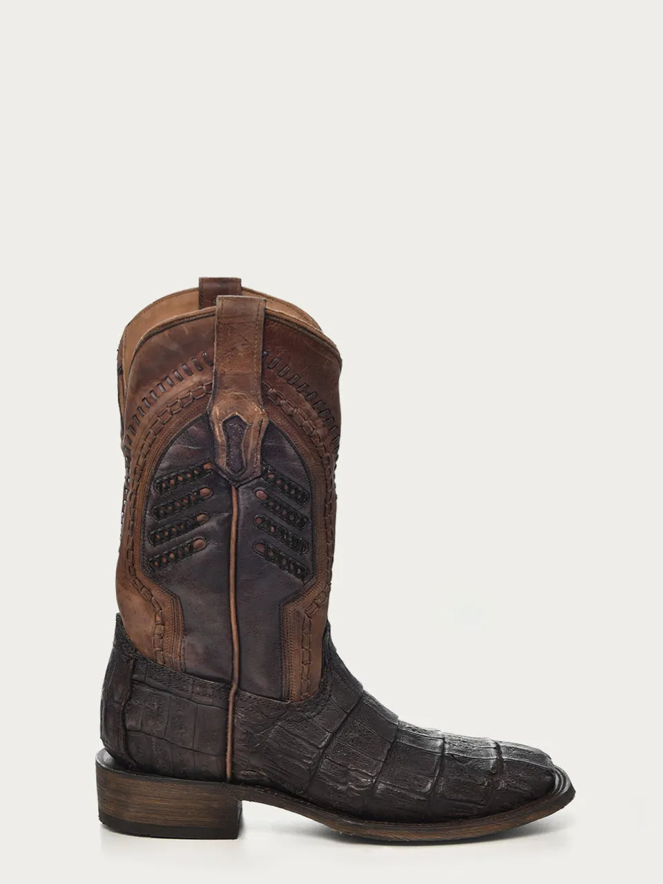 A3878 - MEN'S OIL BROWN CAIMAN EMBROIDERY AND WOVEN SHAFT  WIDE SQUARE TOE COWBOY BOOT