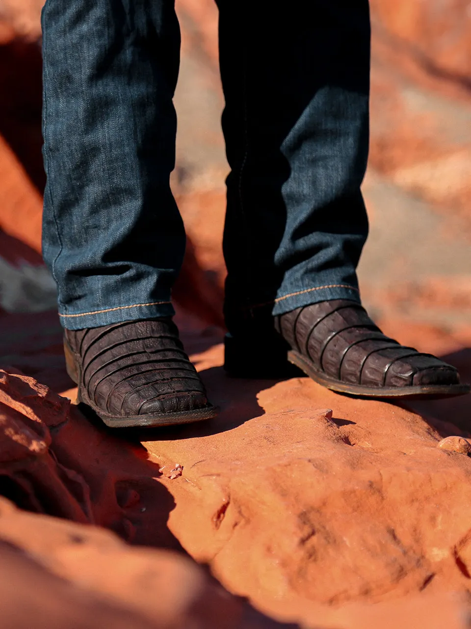 A3878 - MEN'S OIL BROWN CAIMAN EMBROIDERY AND WOVEN SHAFT  WIDE SQUARE TOE COWBOY BOOT