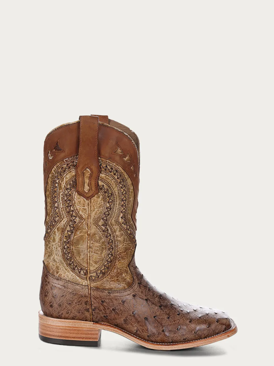 A4008 - MEN'S  BROWN EMBROIDERY WITH WOVEN DETAIL AND OVERLAY  FULL QUILL OSTRICH SQUARE TOE  COWBOY BOOT