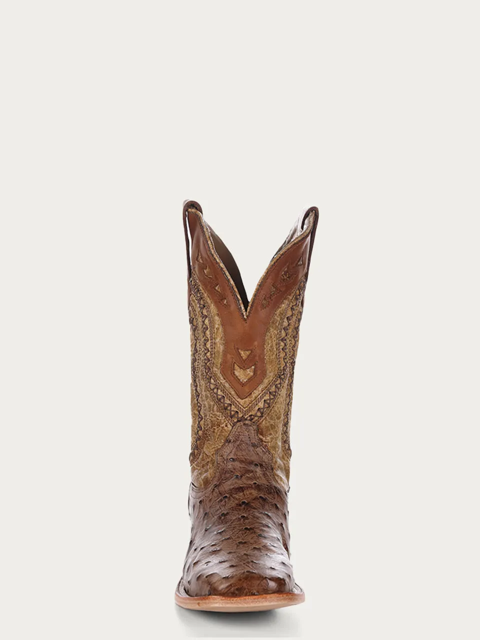 A4008 - MEN'S  BROWN EMBROIDERY WITH WOVEN DETAIL AND OVERLAY  FULL QUILL OSTRICH SQUARE TOE  COWBOY BOOT