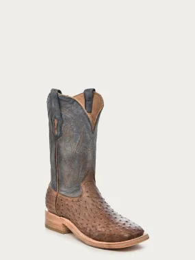 A4052 - MEN'S EMBROIDERY BROWN FULL QUILL OSTRICH SQUARE TOE BLUE COWBOY BOOT