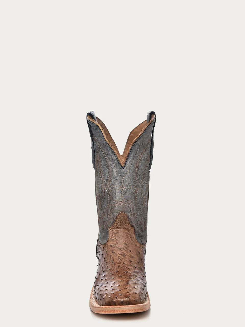 A4052 - MEN'S EMBROIDERY BROWN FULL QUILL OSTRICH SQUARE TOE BLUE COWBOY BOOT