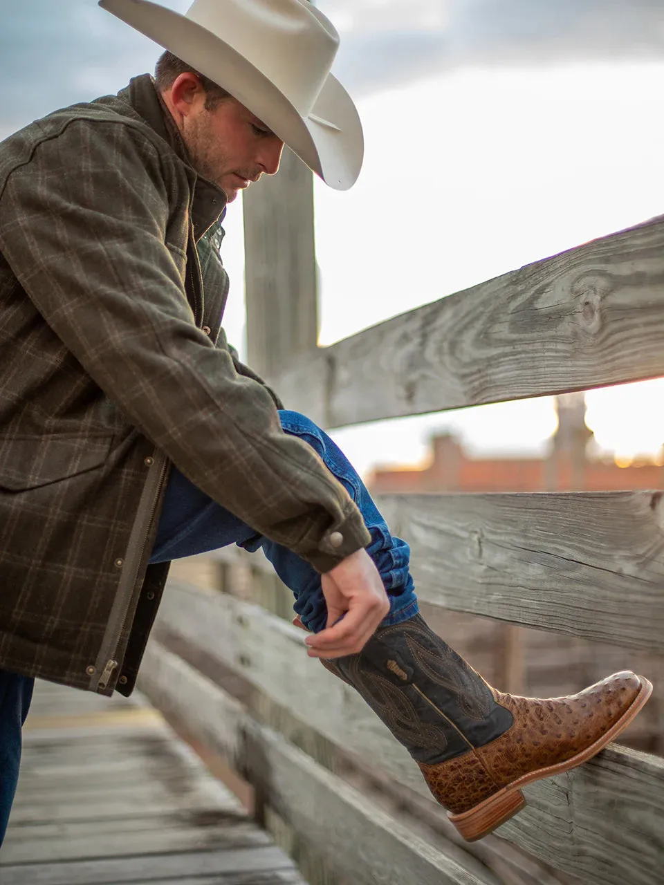 A4052 - MEN'S EMBROIDERY BROWN FULL QUILL OSTRICH SQUARE TOE BLUE COWBOY BOOT