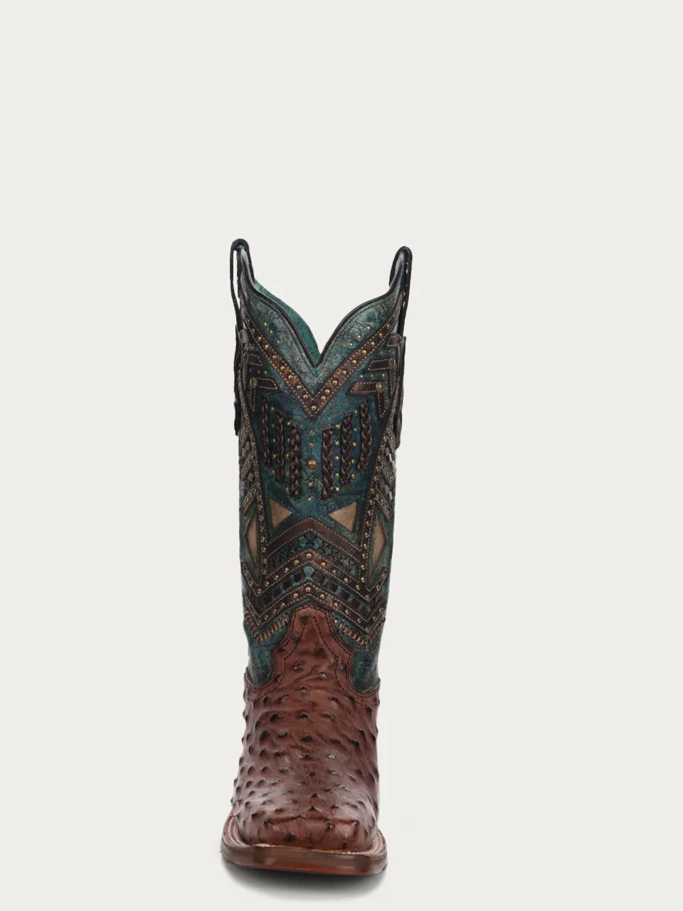 A4059 - WOMEN'S TURQUOISE EMBROIDERY, STUDED WITH WOVEN DETAIL BROWN OSTRICH SQUARE TOE RODEO BOOT