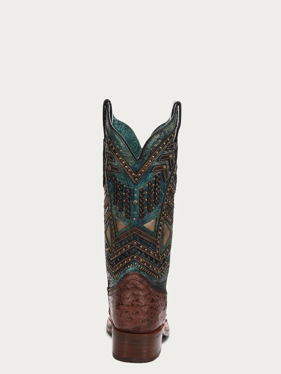 A4059 - WOMEN'S TURQUOISE EMBROIDERY, STUDED WITH WOVEN DETAIL BROWN OSTRICH SQUARE TOE RODEO BOOT