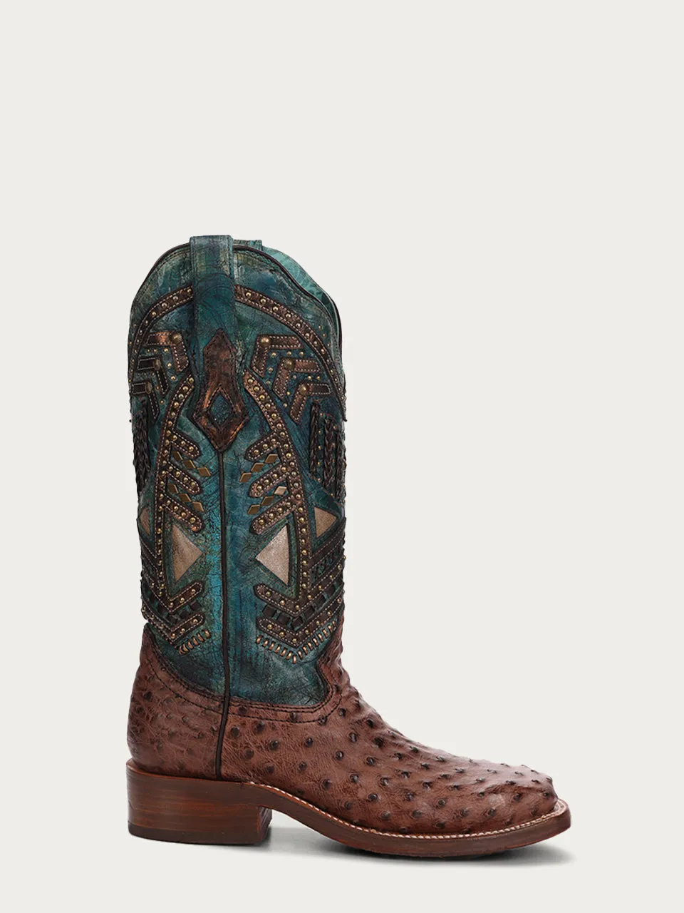 A4059 - WOMEN'S TURQUOISE EMBROIDERY, STUDED WITH WOVEN DETAIL BROWN OSTRICH SQUARE TOE RODEO BOOT