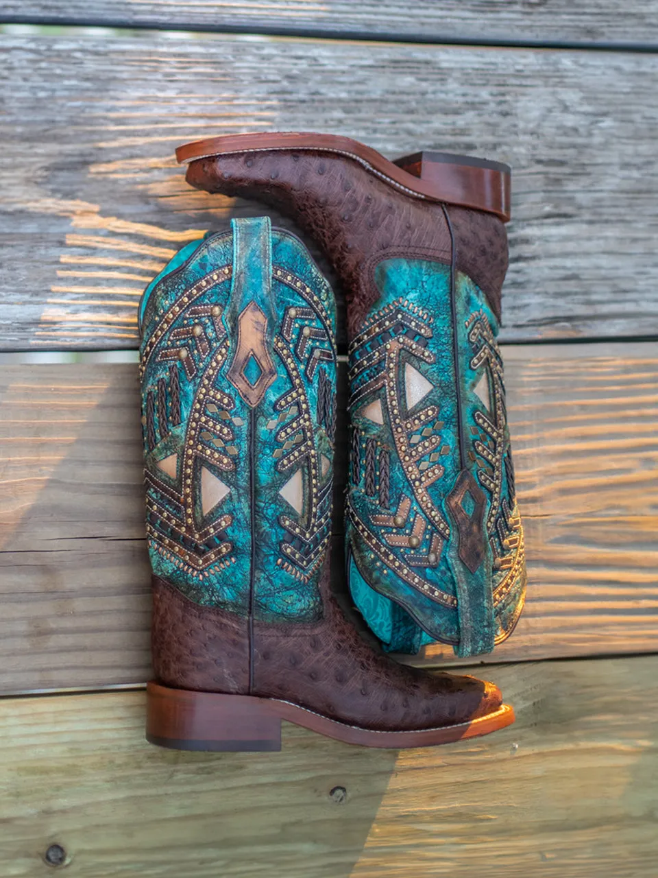 A4059 - WOMEN'S TURQUOISE EMBROIDERY, STUDED WITH WOVEN DETAIL BROWN OSTRICH SQUARE TOE RODEO BOOT