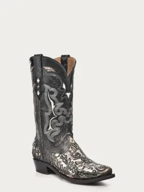 A4118 - MEN'S BLACK GOAT WITH GENUINE NATURAL PYTHON AND EMBROIDERY SNIP TOE COWBOY BOOT