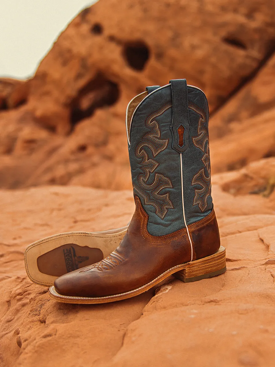 A4262 - MEN'S BLUE AND HONEY EMBROIDERY WIDE SQUARE TOE RODEO COWBOY BOOT