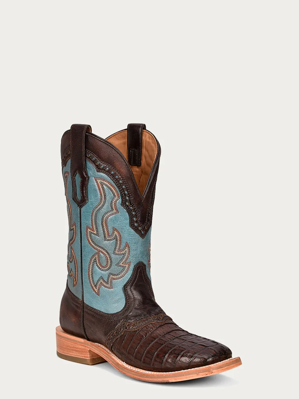 A4286 - MEN'S HONEY EMBROIDERY BROWN CAIMAN WIDE HORSEMAN TOE BLUE COWBOY BOOT