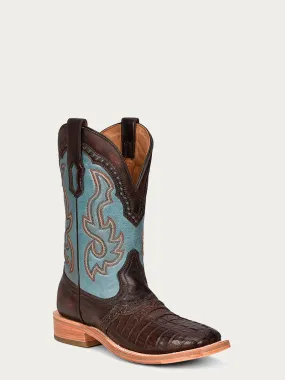 A4286 - MEN'S HONEY EMBROIDERY BROWN CAIMAN WIDE HORSEMAN TOE BLUE COWBOY BOOT