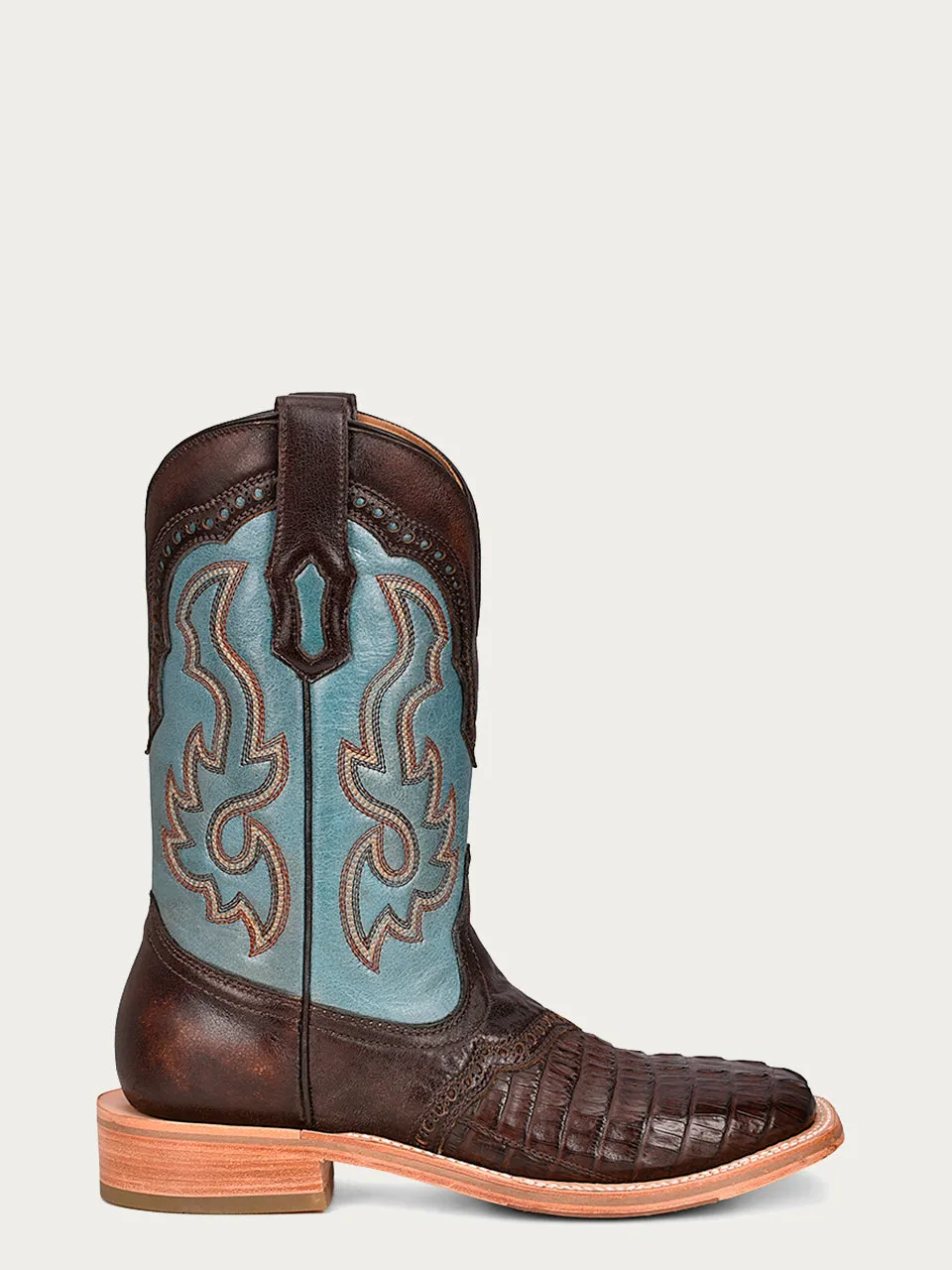 A4286 - MEN'S HONEY EMBROIDERY BROWN CAIMAN WIDE HORSEMAN TOE BLUE COWBOY BOOT