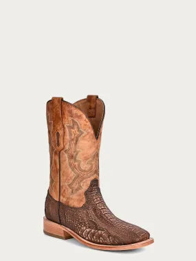 A4289 - MEN'S EMBROIDERY BROWN OSTRICH LEG VAMP WIDE SQUARE TOE SAND COWBOY BOOT