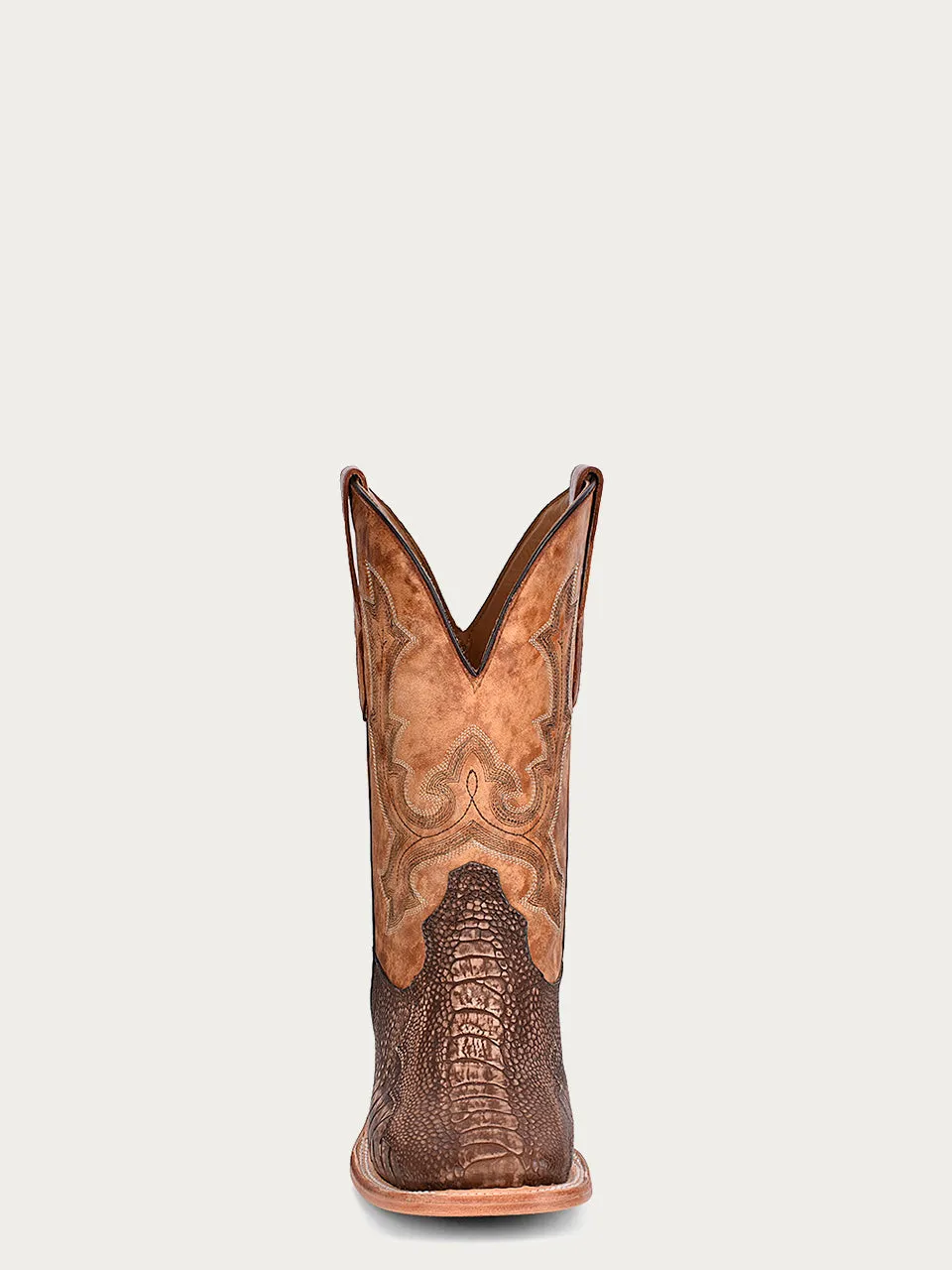 A4289 - MEN'S EMBROIDERY BROWN OSTRICH LEG VAMP WIDE SQUARE TOE SAND COWBOY BOOT