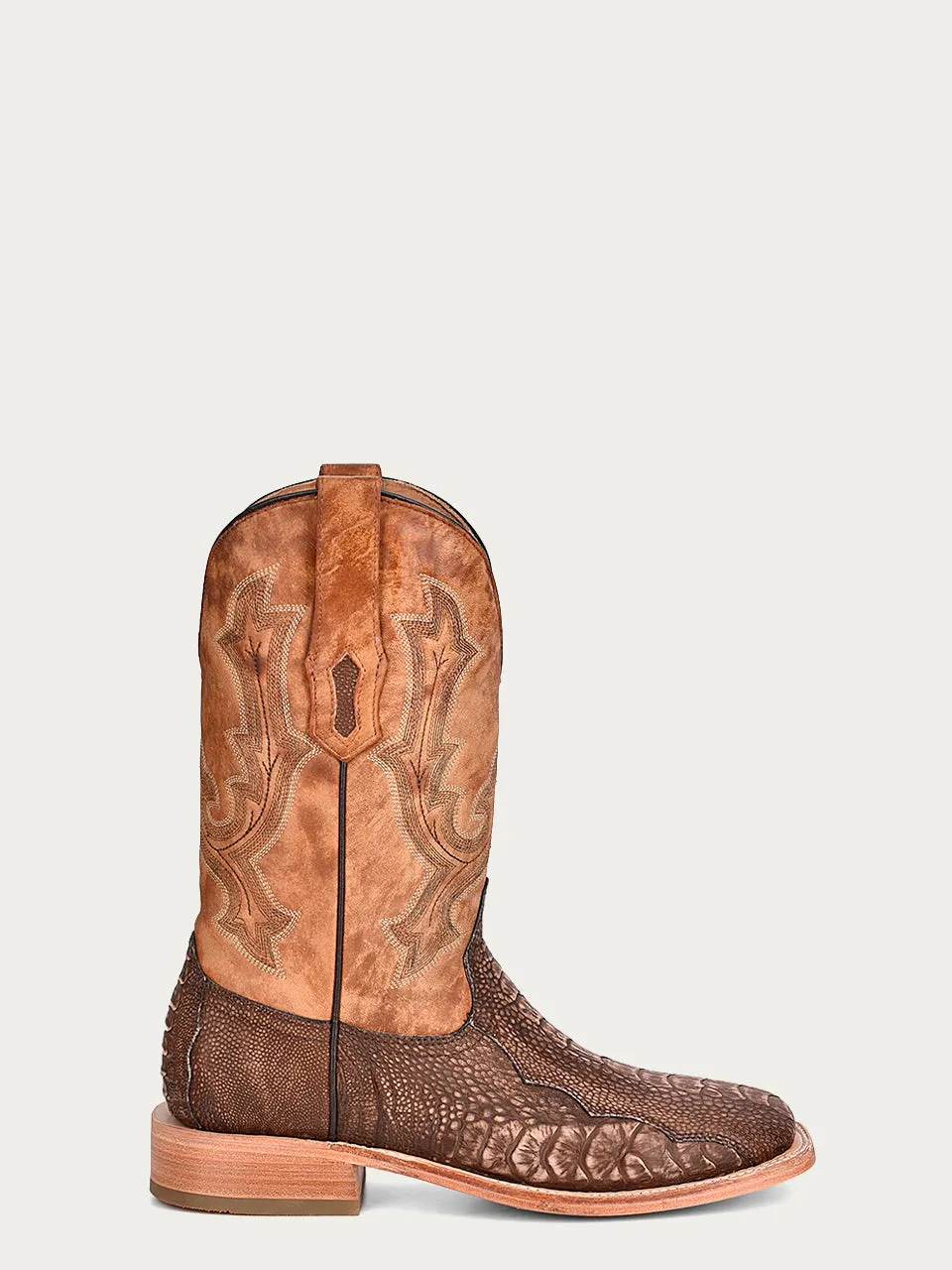 A4289 - MEN'S EMBROIDERY BROWN OSTRICH LEG VAMP WIDE SQUARE TOE SAND COWBOY BOOT