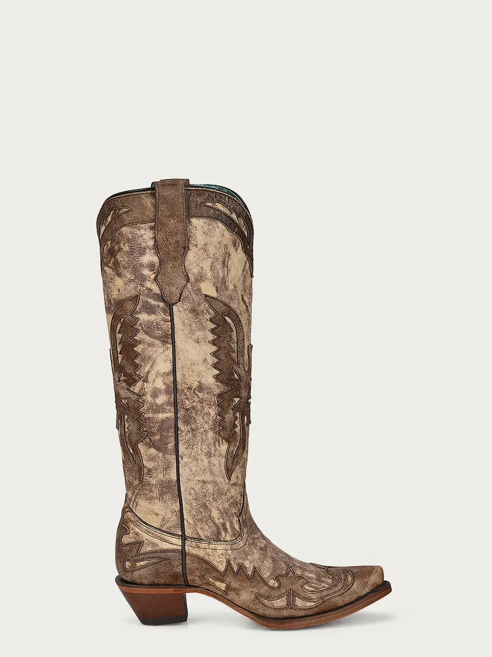 A4303 - WOMEN'S TALL TAUPE EAGLE OVERLAY SNIP TOE COWBOY BOOT