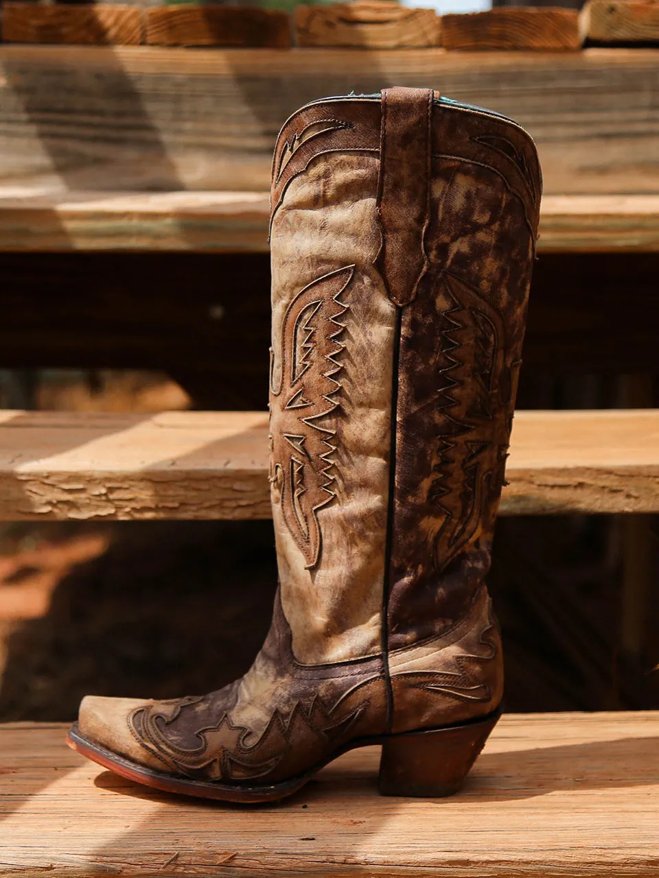 A4303 - WOMEN'S TALL TAUPE EAGLE OVERLAY SNIP TOE COWBOY BOOT