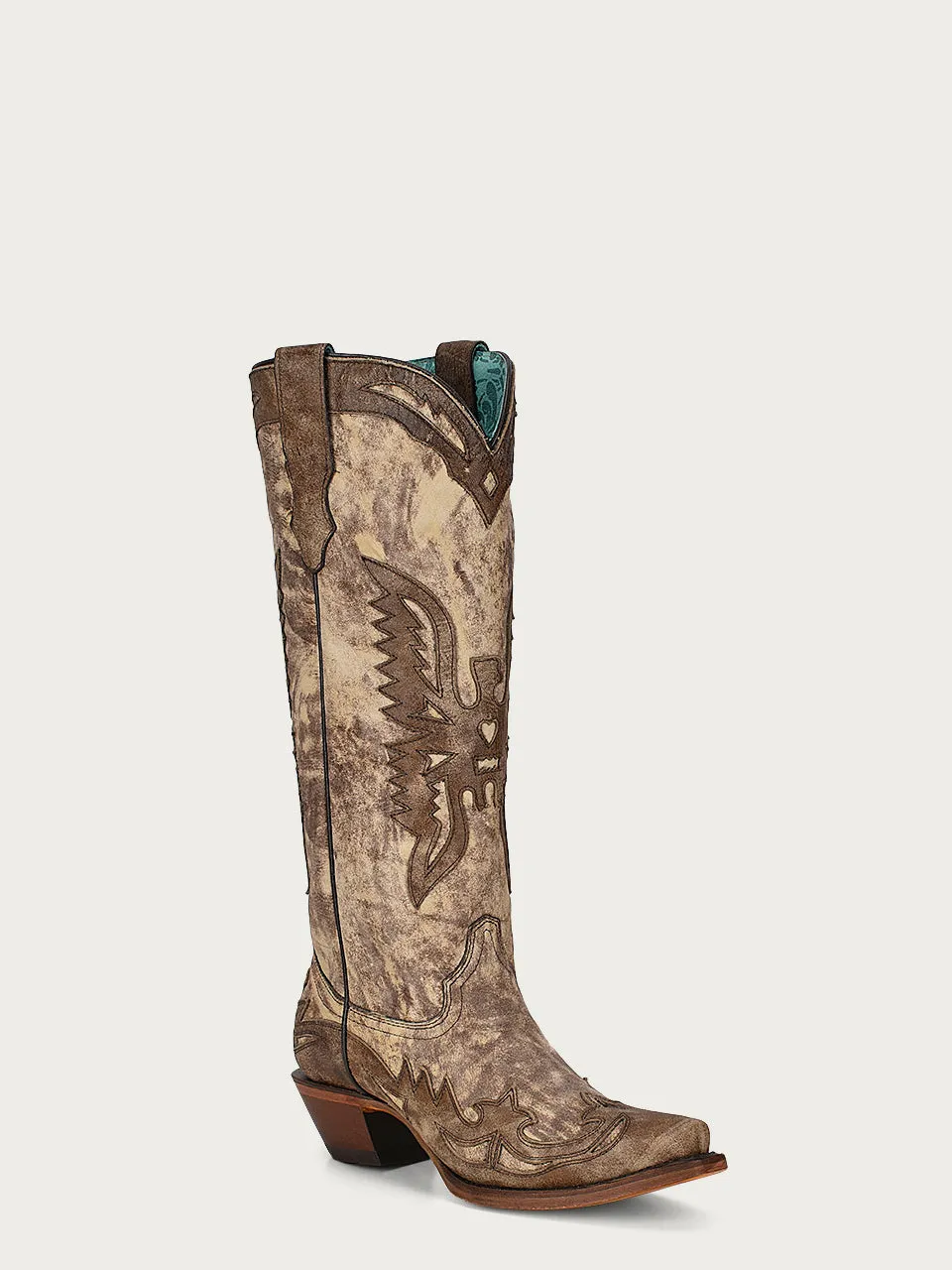 A4303 - WOMEN'S TALL TAUPE EAGLE OVERLAY SNIP TOE COWBOY BOOT