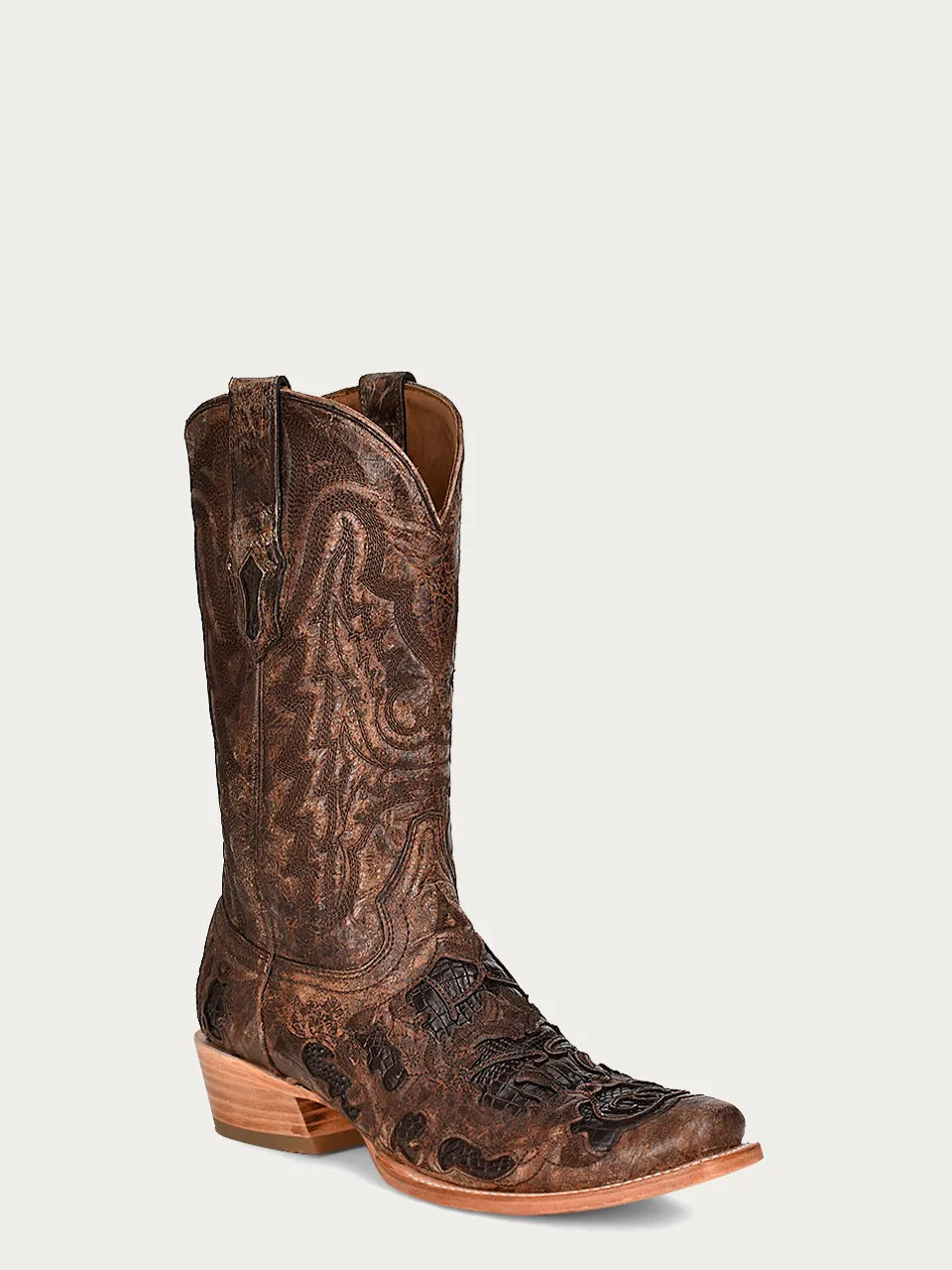 A4337 - MEN'S CHOCOLATE ALLIGATOR INLAY AND EMBROIDERY HORSEMAN TOE BROWN COWBOY BOOT