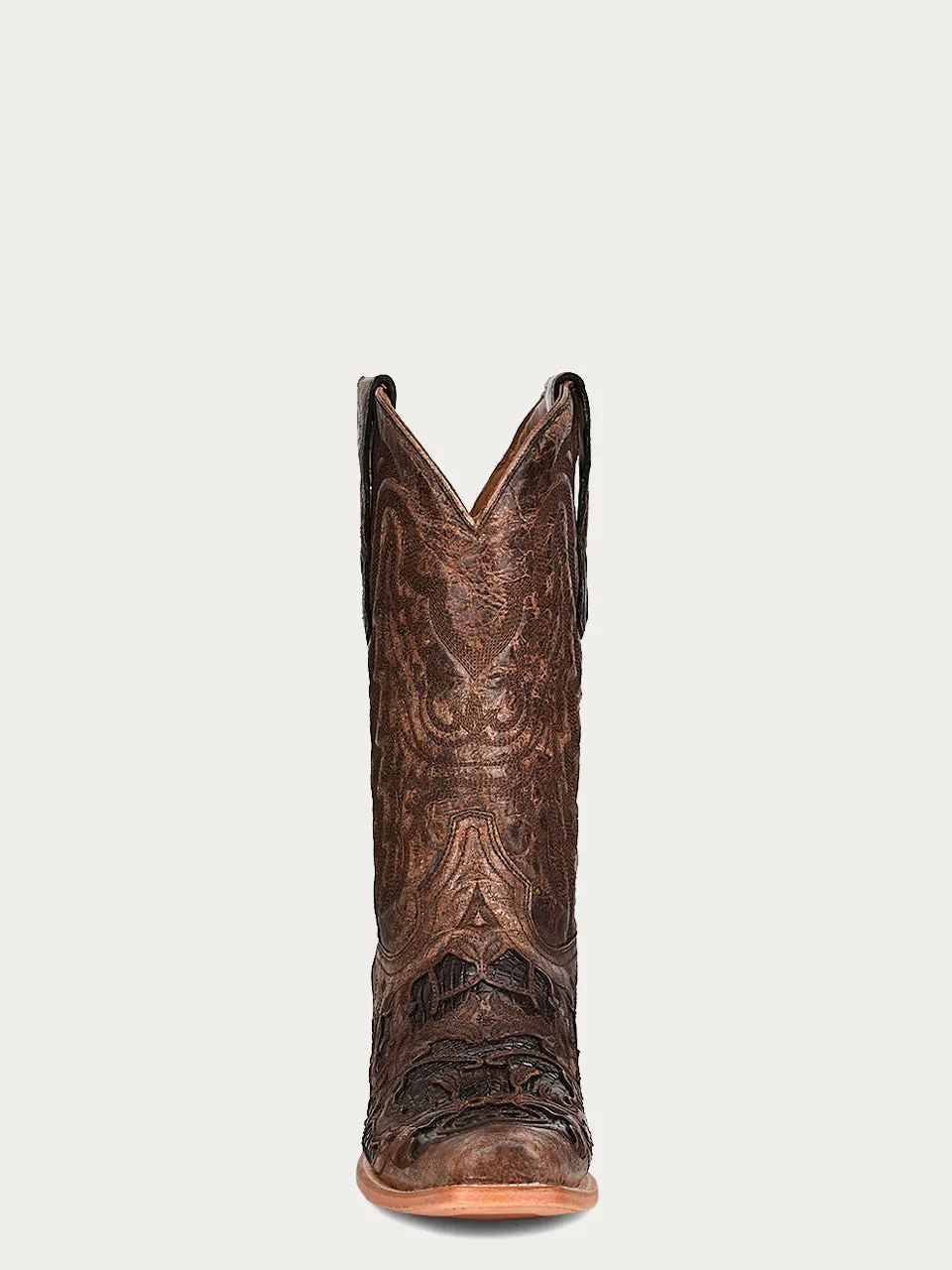 A4337 - MEN'S CHOCOLATE ALLIGATOR INLAY AND EMBROIDERY HORSEMAN TOE BROWN COWBOY BOOT