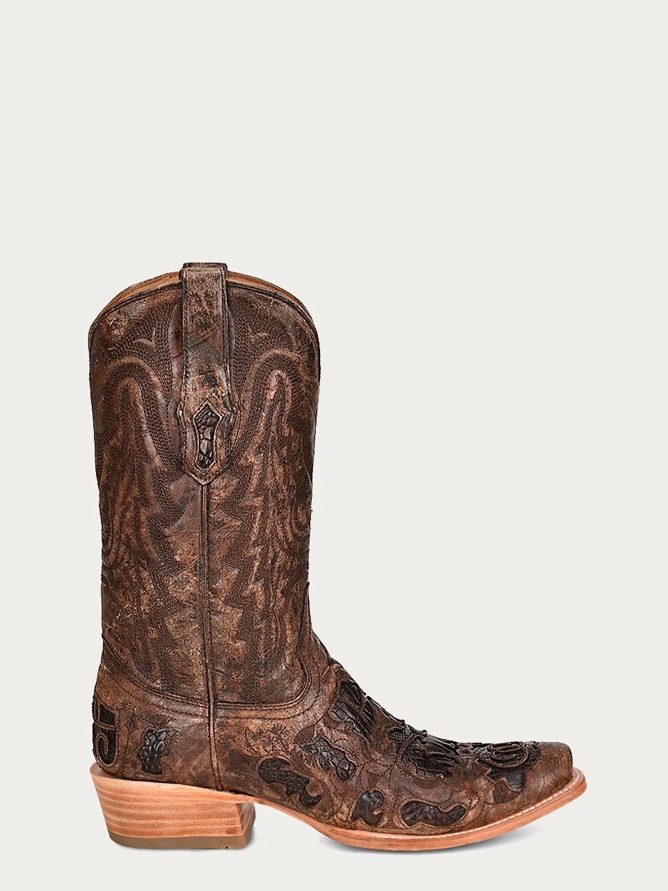 A4337 - MEN'S CHOCOLATE ALLIGATOR INLAY AND EMBROIDERY HORSEMAN TOE BROWN COWBOY BOOT