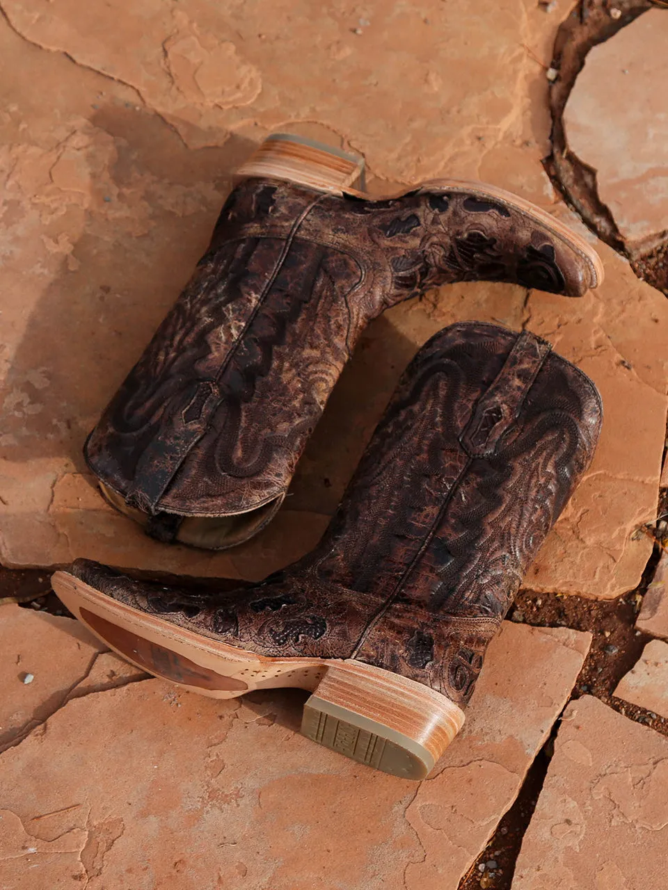 A4337 - MEN'S CHOCOLATE ALLIGATOR INLAY AND EMBROIDERY HORSEMAN TOE BROWN COWBOY BOOT