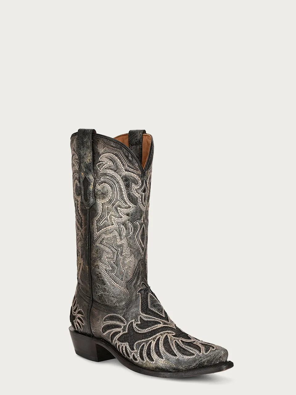 A4351 - MEN'S EMBROIDERY GENUINE BLACK PYTHON INLAY SNIP TOE COWBOY BOOT