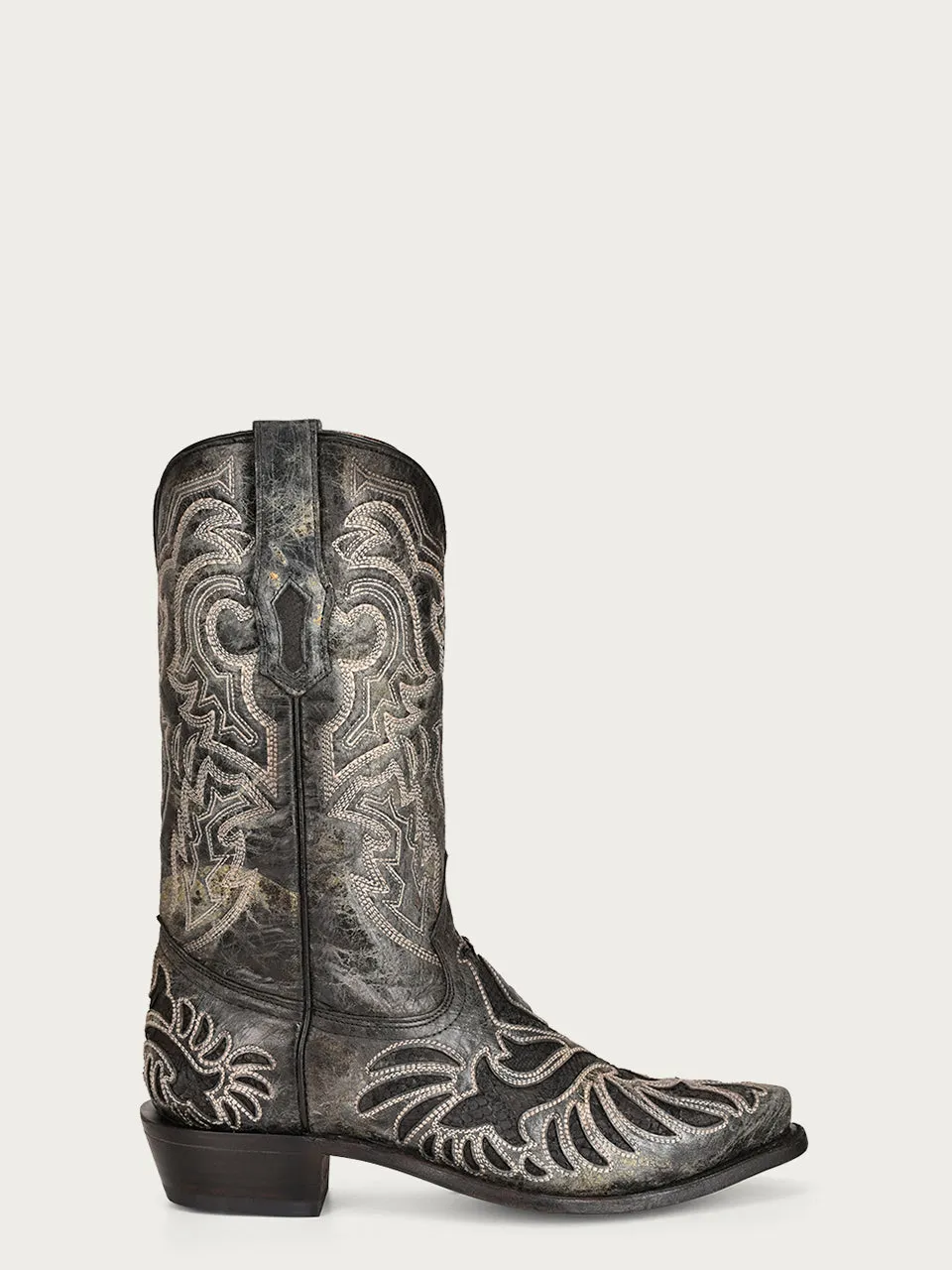 A4351 - MEN'S EMBROIDERY GENUINE BLACK PYTHON INLAY SNIP TOE COWBOY BOOT