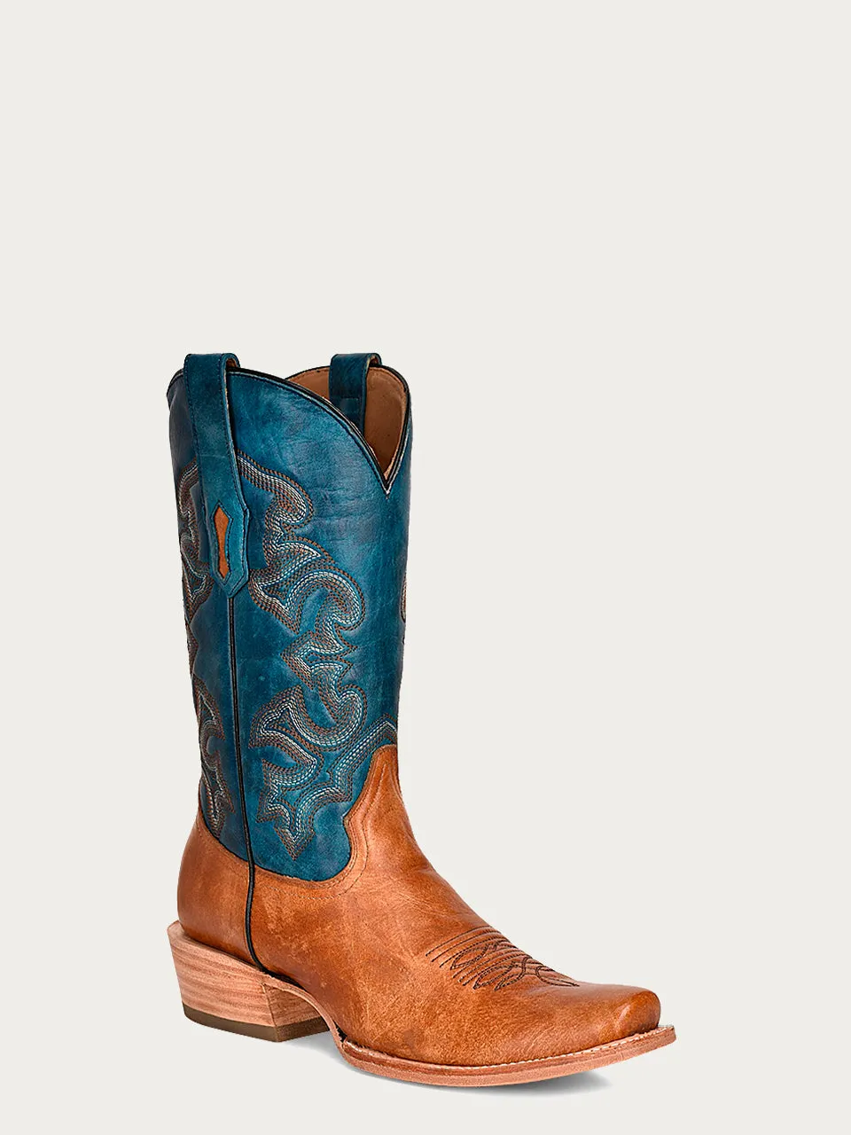 A4378 - MEN'S NAVY BLUE AND SAND EMBROIDERY  HORSEMAN TOE  COWBOY BOOT