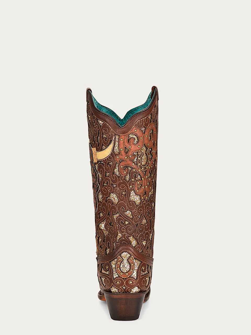 A4407 - WOMEN'S BULL SKULL OVERLAY, GLITTER INLAY AND STUDS BROWN SNIP TOE COWBOY BOOT