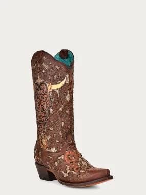 A4407 - WOMEN'S BULL SKULL OVERLAY, GLITTER INLAY AND STUDS BROWN SNIP TOE COWBOY BOOT