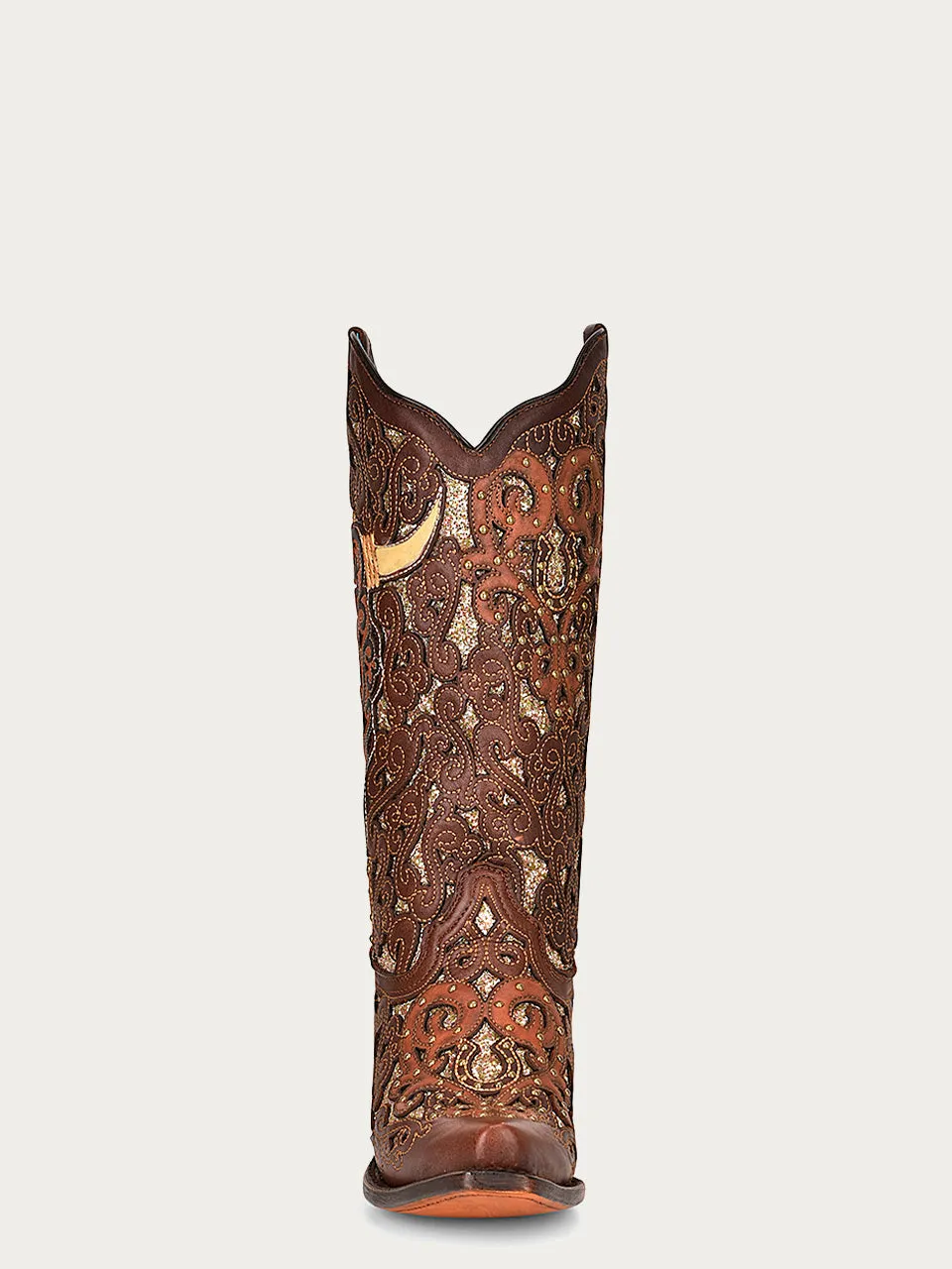 A4407 - WOMEN'S BULL SKULL OVERLAY, GLITTER INLAY AND STUDS BROWN SNIP TOE COWBOY BOOT