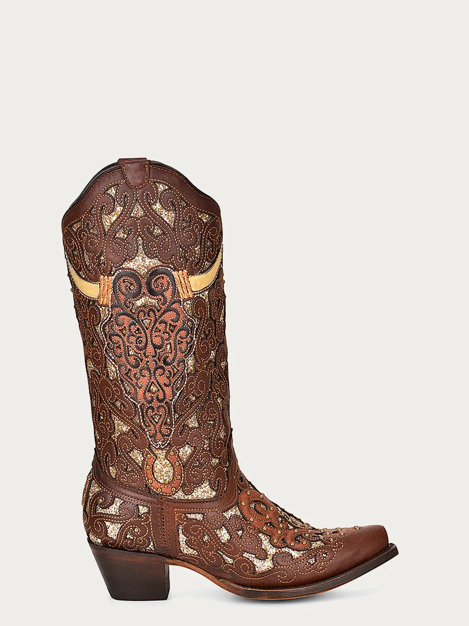 A4407 - WOMEN'S BULL SKULL OVERLAY, GLITTER INLAY AND STUDS BROWN SNIP TOE COWBOY BOOT