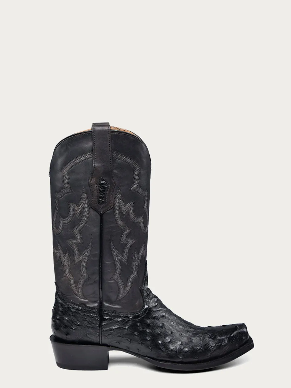 A4549 - MEN'S EMBROIDERY AND  OSTRICH BLACK NARROW SQUARE TOE COWBOY BOOT