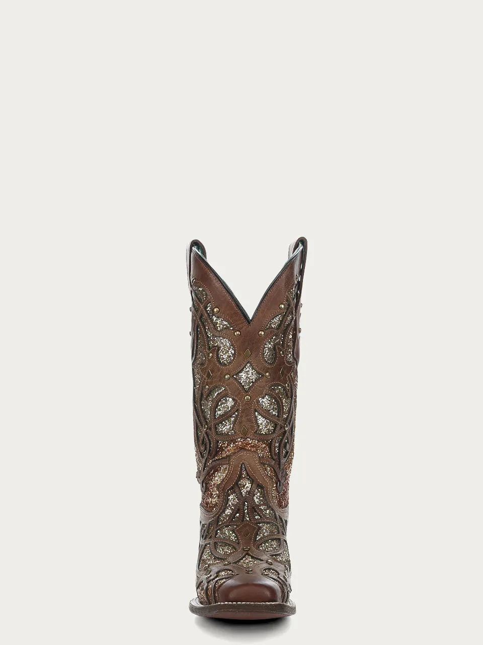 C3275 - WOMEN'S ORIX GLITTERED INLAY AND STUDS BROWN SQUARE TOE COWBOY BOOT