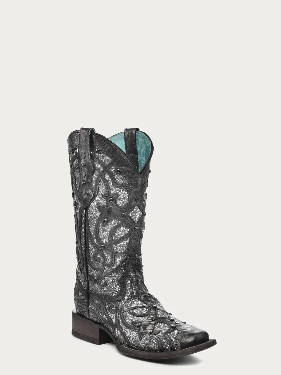 C3404 - WOMEN'S SILVER GLITTERED INLAY AND STUDS  BLACK SQUARE TOE COWBOY BOOT