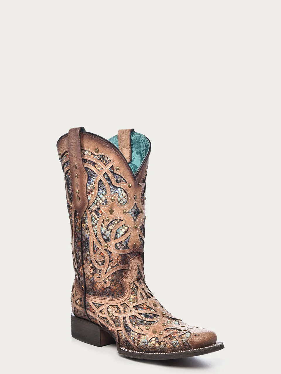 C3405 - WOMEN'S MULTICOLOR GLITTERED INLAY BONE COLOR SQUARE TOE COWBOY BOOT