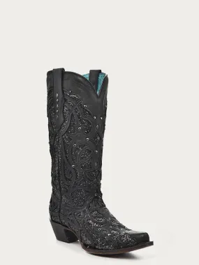 C3423 - WOMEN'S BLACK GLITTERED INLAY BLACK SNIP TOE COWBOY BOOT