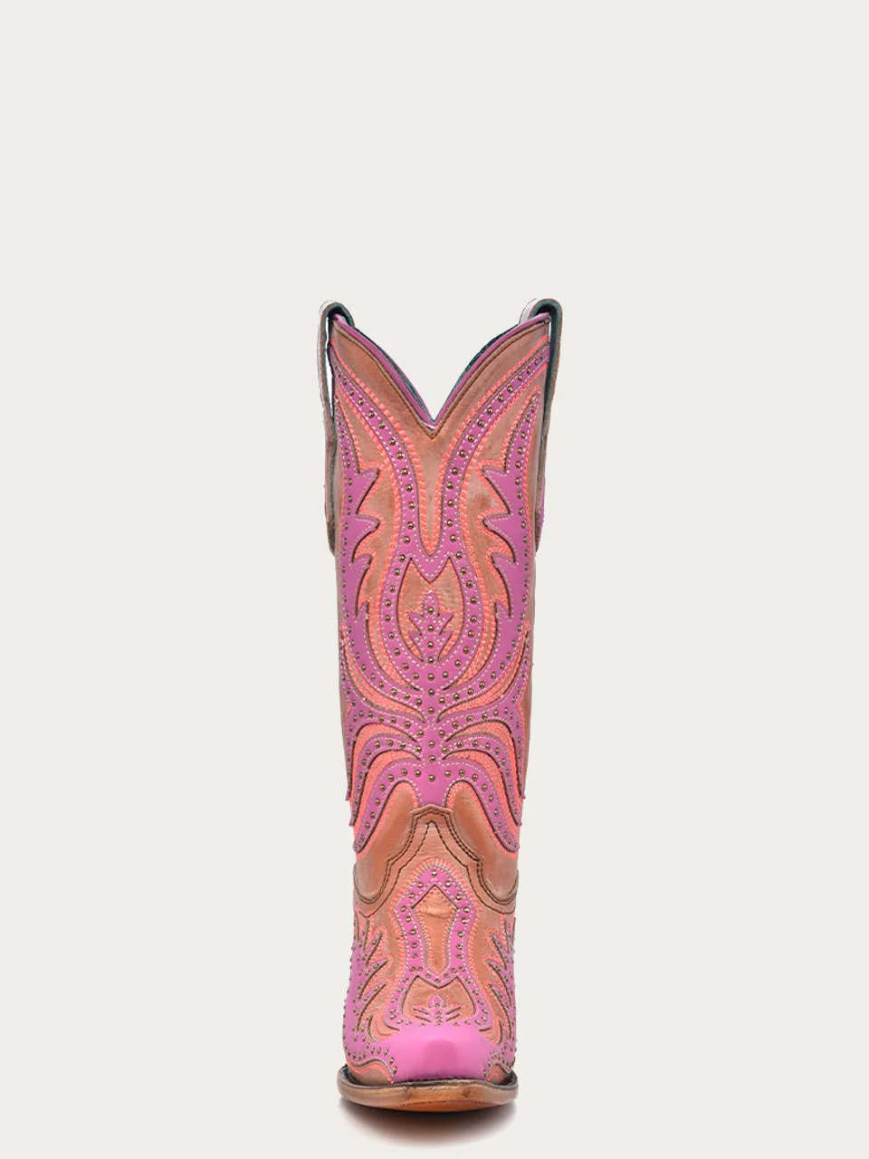 C3970 - WOMEN'S PINK FLOURESCENT EMBROIDERY AND STUDS SNIP TOE COWBOY BOOT