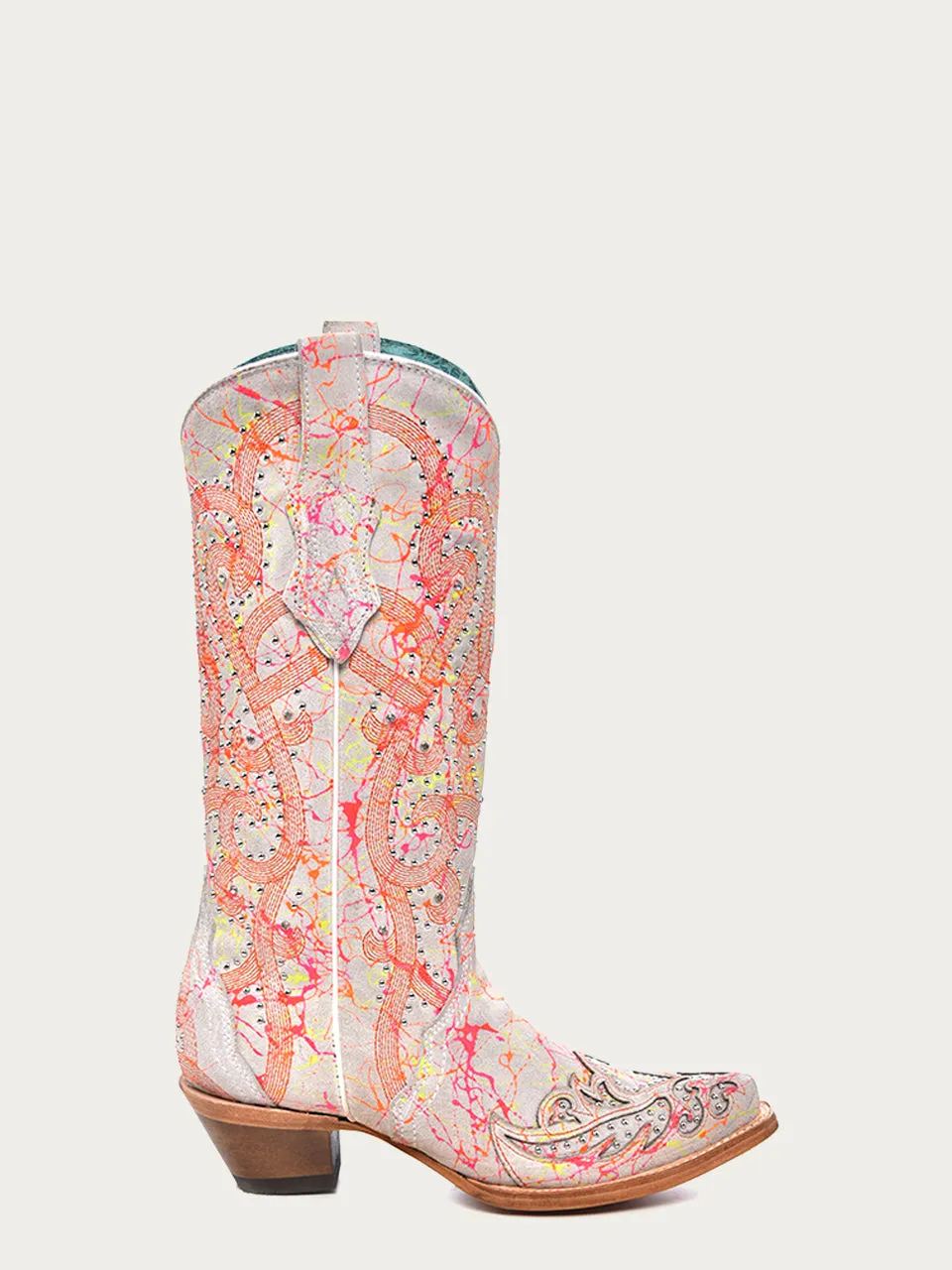 C3980 - WOMEN'S MULTICOLOR FLOURESCENT NEON ORANGE EMBROIDERY AND CRYSTALS WHITE SNIP TOE COWBOY BOOT