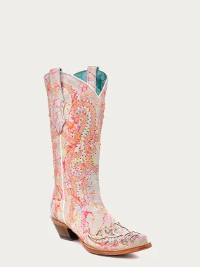 C3980 - WOMEN'S MULTICOLOR FLOURESCENT NEON ORANGE EMBROIDERY AND CRYSTALS WHITE SNIP TOE COWBOY BOOT