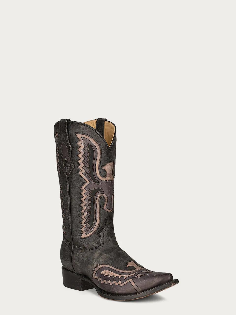 C3988 - MEN'S GLOW IN THE DARK BLACK EAGLE OVERLAY AND WING TIP SNIP TOE COWBOY BOOT