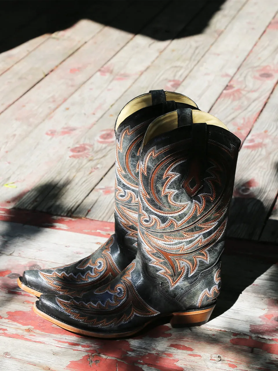 C4076-MEN'S BROWN INLAY EMBROIDERY TRIAD SNIP TOE GREY COWBOY BOOT